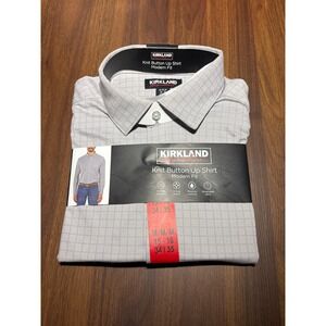Kirkland Signature Mens Modern Fit Knit Button Up Shirt M 15-16 34-35 Grey Plaid